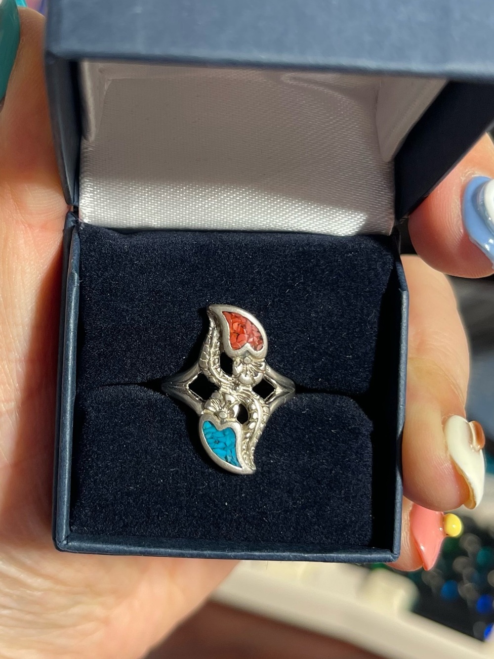 Stamped Vintage Silver Red & Turquoise Inlay Double Crescent Ring